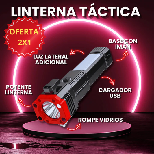 Linterna 4 en 1 - Oferta 2 x 1 - Linterna LED táctica recargable multifuncional con imán, luz súper brillante con linterna de emergencia Powerbank, martillo de seguridad y cortador